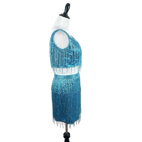 Jovani Fringe Sequin Beaded 2-Piece Mini Dress Prom Party Formal Blue Size 6 - Picture 7 of 10